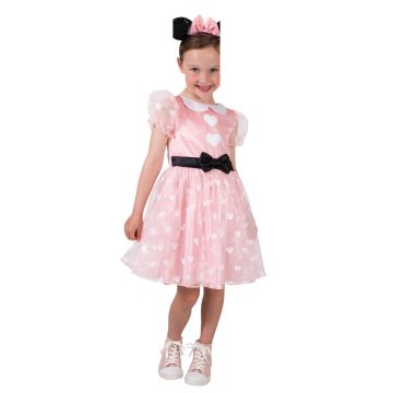 Girls Minnie Mouse pink dress costume with white heart print velour bodice and layered tulle skirt