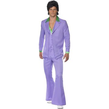 Mens lavender disco suit costume with green satin lapels and flared bell-bottom pants