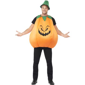 Adult wearing orange jack-o'-lantern pumpkin tabard costume with green stem hat and angry carved face