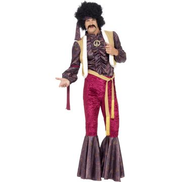 Adult mens 70s psychedelic rock star costume with burgundy velvet bell-bottoms and paisley shirt