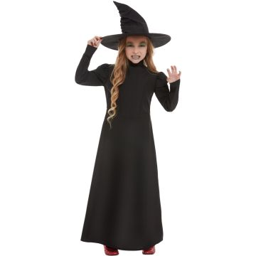 Girls classic wicked witch costume with floor-length black dress and pointed hat