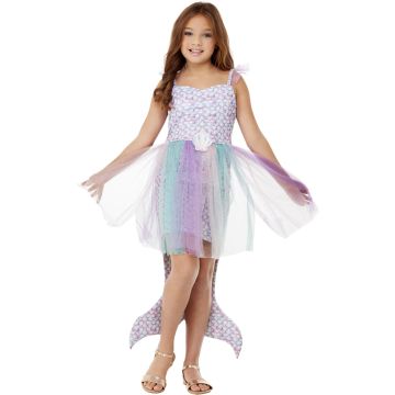Girls seashell mermaid costume dress with pastel tulle skirt and attached tail