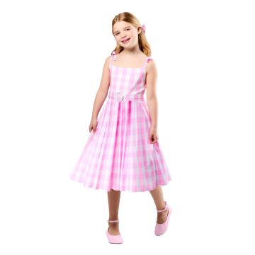 Girls Barbie Perfect Day costume dress in pink gingham with bow straps and belt