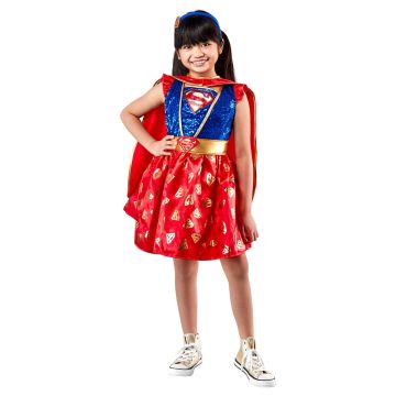 Girls Supergirl tutu costume dress with sequined blue bodice and red cape