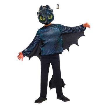 Child wearing Toothless Night Fury dragon costume with black wings extended and moulded mask