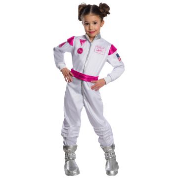 Girls Barbie astronaut costume jumpsuit in white with hot pink belt and silver metallic collar