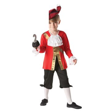 Kids Captain Hook pirate costume with red satin jacket, gold sash, black pantaloon pants, burgundy cavalier hat and foam hook prop