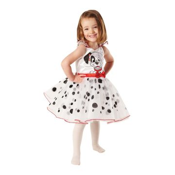 Girls 101 Dalmatians costume dress with black-and-white spotted tulle skirt and red satin bow
