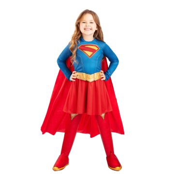 Girls Supergirl deluxe costume dress with red cape and blue armour bodice