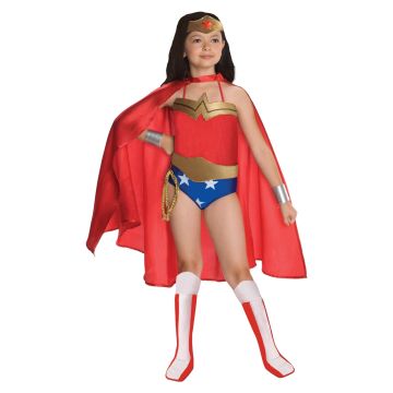 Girls Wonder Woman deluxe costume with red cape and gold tiara