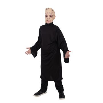 Child wearing Kids Lord Voldemort Costume with black robe and pale mask
