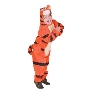 Toddler wearing orange and black striped Tigger costume with 3D hood and tail