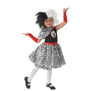 Girls Cruella de Vil costume dress with black satin bodice and dalmatian spot skirt
