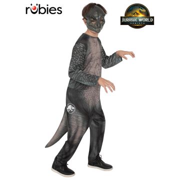 Kids Jurassic World T-Rex costume full body jumpsuit with printed dinosaur scales and moulded mask