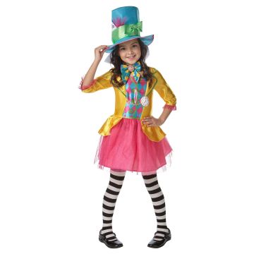 Girls Mad Hatter costume dress with golden satin jacket, pink tulle skirt and whimsical felt top hat