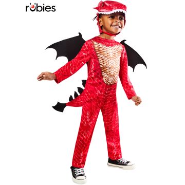 Kids red dragon costume with wings and headpiece front view