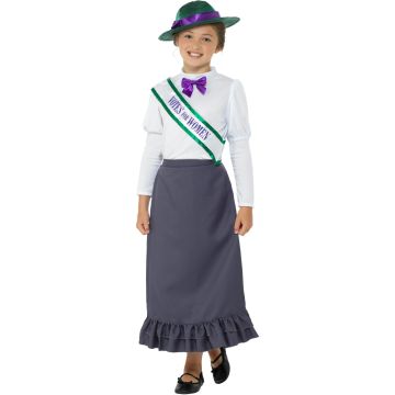 Girls Victorian suffragette costume with grey skirt, white blouse, purple bow tie and wide-brim hat