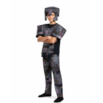Kids pixel warrior armor costume with gray camouflage block pattern and geometric helmet