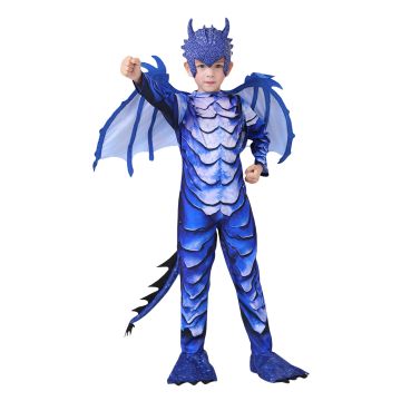 Kids Dragon Costume - Blue Fantasy Creature Jumpsuit with Wings and Mask
