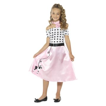 Off-shoulder polka dot bodice with pink circle skirt and black belt - girls 1950s costume
