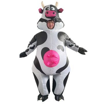 Adult inflatable cow costume with pink udder and googly eyes - front view