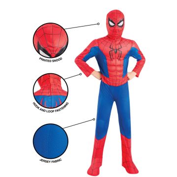 Kids Spider-Man Deluxe Muscle Costume - Marvel Superhero Jumpsuit with Hood