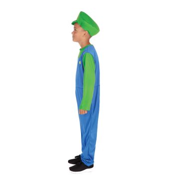 Kids Luigi Costume - Boys Green Plumber Jumpsuit with Cap