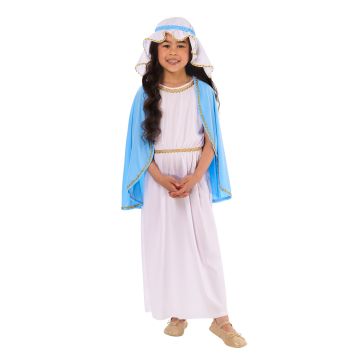 Child's Virgin Mary Nativity Costume - Biblical White Dress with Blue Robe & Hood