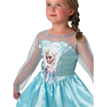 Girls Disney Frozen Elsa Costume Dress - Ice Blue Sparkle Gown with Sheer Sleeves
