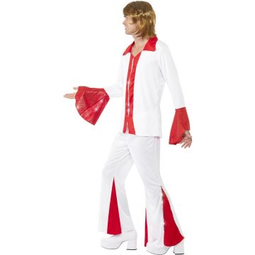 Mens 70s Super Trooper Disco Costume - White Flared Suit with Red Sequin Trim