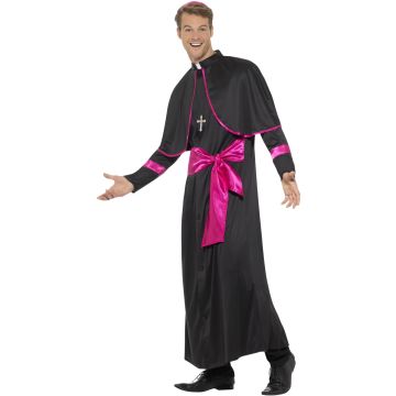 Adult Cardinal Costume - Black Cassock with Fuchsia Trim and Skull Cap