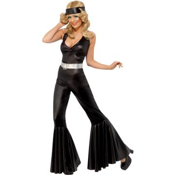 Adult Women's 70s Disco Diva Jumpsuit Costume - Black Halter Catsuit with Flared Legs