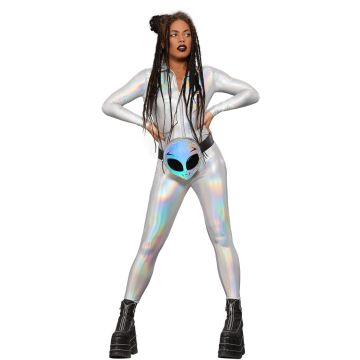 Adult Silver Holographic Catsuit Costume - Metallic Disco Bodysuit