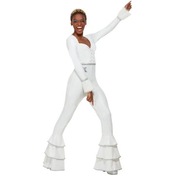 Adult 70s Disco Jumpsuit - White Glam Costume with Silver Trim & Flared Legs