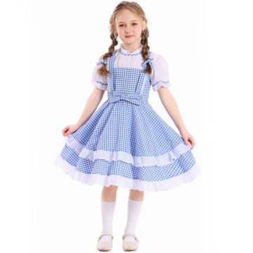 Girls Farm Girl Pinafore Costume - Blue Gingham Dorothy Dress with Hair Ties