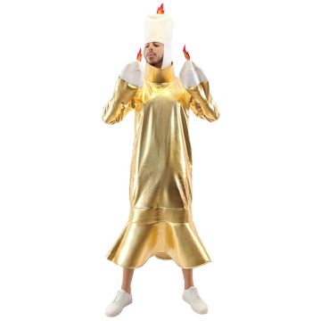 Adult Candelabra Costume - Gold Metallic Candle Tabard with Flame Hat & Hand Pieces