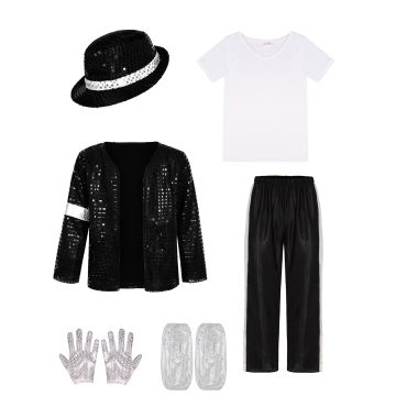 Adult 80s Pop Icon Costume - Black Sequin Stage Performer Outfit with Fedora