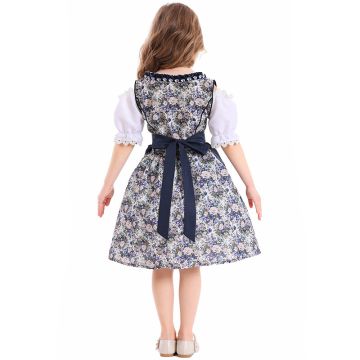 Girls Bavarian Dirndl Costume - Navy Floral Oktoberfest Dress with Apron
