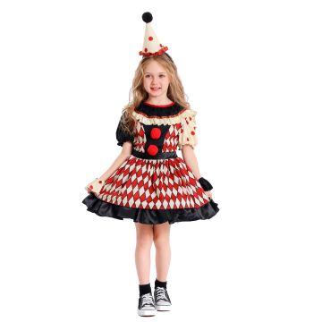 Girls Circus Clown Costume - Harlequin Diamond Dress with Hat & Ruffles