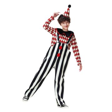 Kids Circus Clown Costume - Harlequin Diamond Check Jumpsuit with Hat