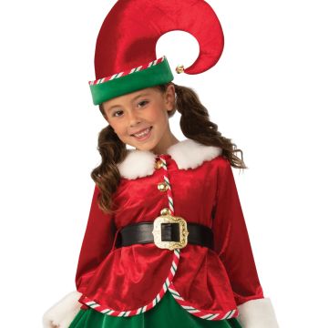 Girls Deluxe Christmas Elf Costume with Hat, Belt & Striped Socks
