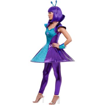 Adult Alien Costume Dress with Antennae - Metallic Space Creature Outfit
