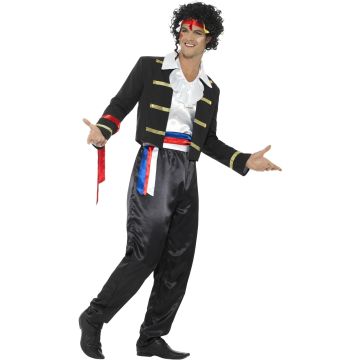 Mens 1980s New Romantic Pop Star Costume - Black Satin Jacket Pants Set