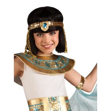 Girls Cleopatra Egyptian Queen Costume - White & Gold Dress with Collar