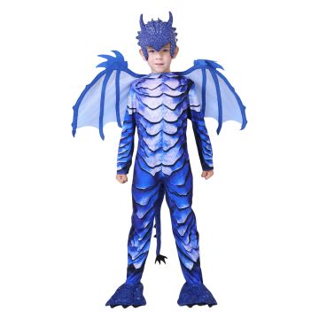 Kids blue dragon costume with scale-print jumpsuit, detachable wings and horned mask - front view