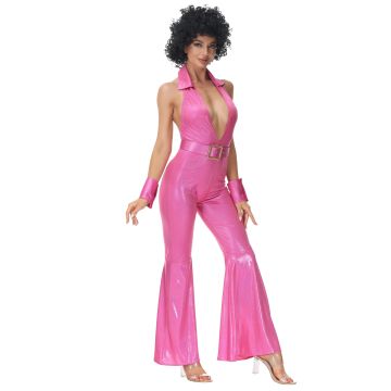 Womens 70s Disco Jumpsuit - Hot Pink Metallic Flared Costume
