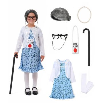 Kids Grandma Costume 100 Days of School - Old Lady Dress Up Set with Wig
