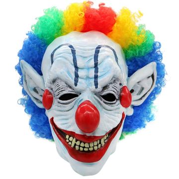 Adult evil clown latex mask with rainbow hair front view showing painted blue tears and red nose