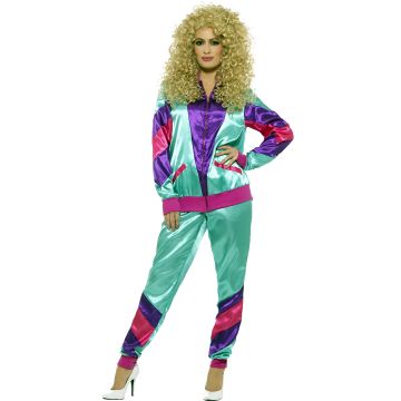 Women's 80s Shell Suit Costume - Teal Purple Pink Tracksuit Set