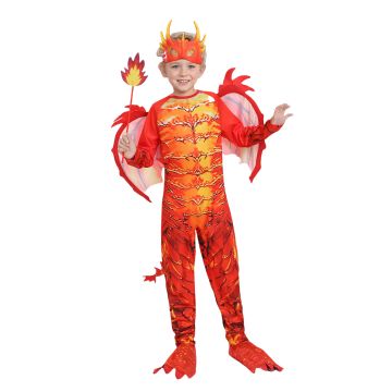 Kids red fire dragon costume with iridescent wings and flame-tip tail